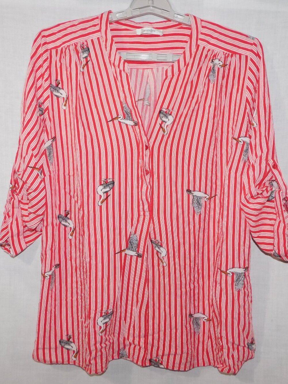 Mandee Womens 2X Red White Striped Heron Bird Print 3/4 Sleeve V neck Blouse